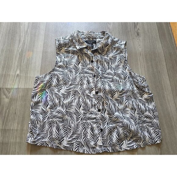 Tahari Womens Sleeveless Leaf Print Button-Up Linen Blouse L - Picture 4 of 5